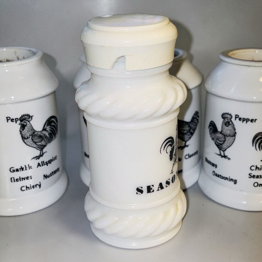 Hazel Atlas Milk Glass Spice Jars Black Roosters 11 Mid Century - Picture 4 of 8